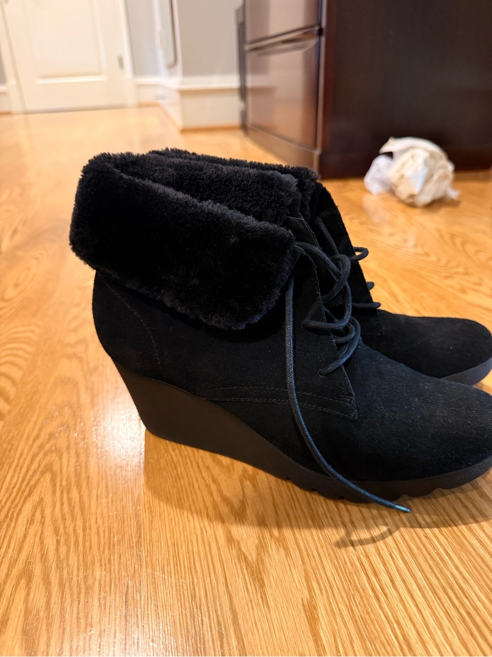 Donald J. Pliner Black Suede Wedge Ankle Boots with Faux Fur Cuff
